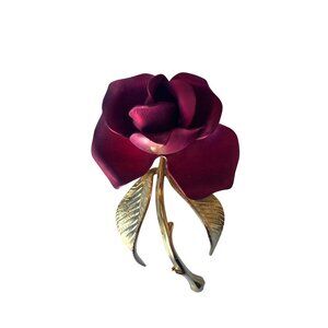 Vintage Cerrito Red Satin Rose Brooch Pin Gold Tone Stem 2in Romance Valentines